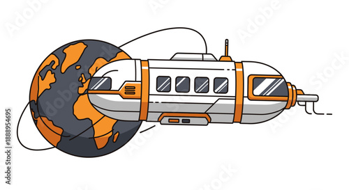 Cartoon illustration of futuristic spaceship with Earth backdrop, angled view