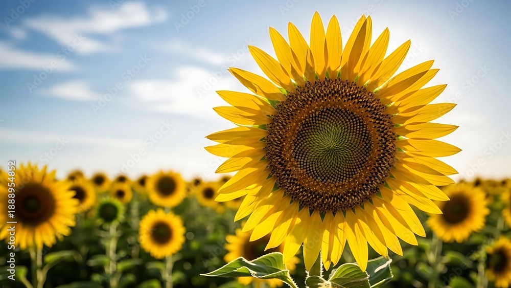 Obraz premium A sunlit close-up of a vibrant sunflower, with a vast field of sunflowers under a blue sky