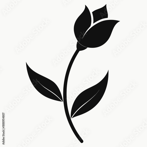 Black silhouette of a flower with leaves on a white background