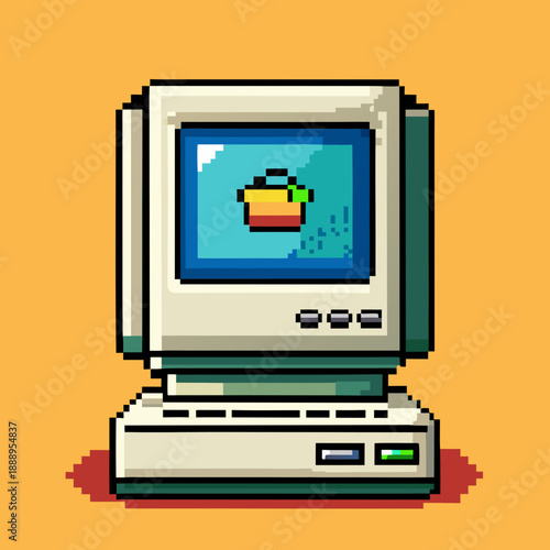 Pixel art illustration of an old computer with a fish on the screen