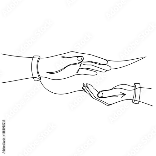 Minimalist one line vector art of two hands interacting.