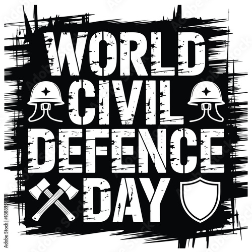 World Civil Defence Day awareness campaign logo with helmets axes and shield