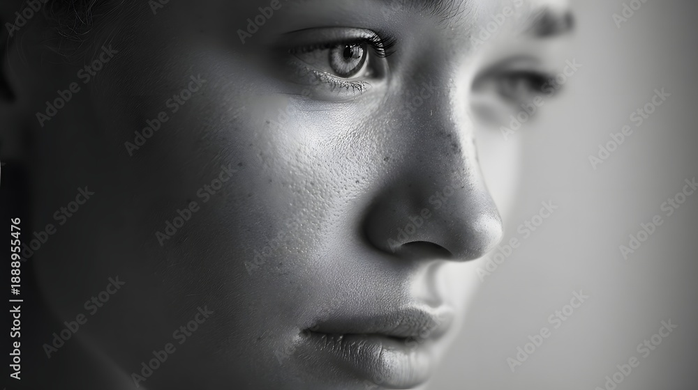 Fototapeta premium Monochrome close up of a young woman s face in profile highlighting skin texture delicate freckles and her expressive eyes evoking a sense of quiet contemplation