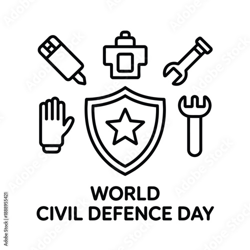 World Civil Defence Day icons with shield and tools