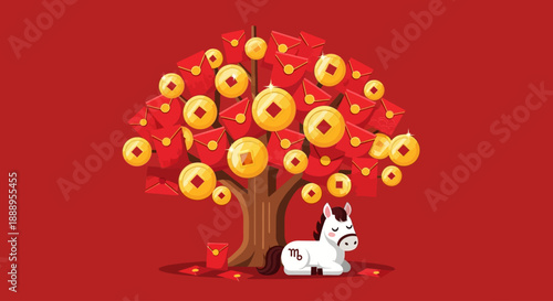 A serene cartoon zebra resting under a vibrant tree with golden ornaments in a peaceful environment viewed from a slight angle