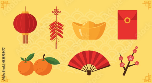 Vibrant Chinese New Year celebration elements arranged on a bright yellow background