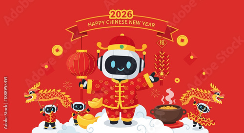 Robot Celebrating Chinese New Year with Lanterns and Dragons in Vibrant Red Background from a Front Viewpoint