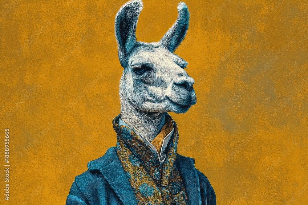 Fototapeta premium Minimalist illustration of llama in elegant men's attire