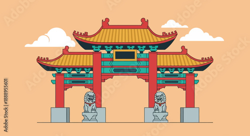 Traditional Chinese Temple Gate with Guardian Statues and Ornate Roof Structure