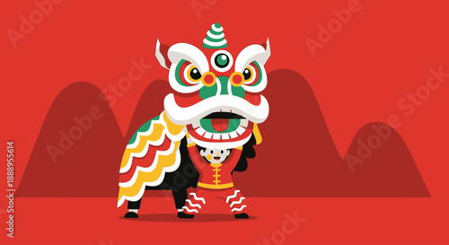 Vibrant lion dance performance in front of majestic mountains, colorful illustration, festive atmosphere, cultural celebration, traditional art