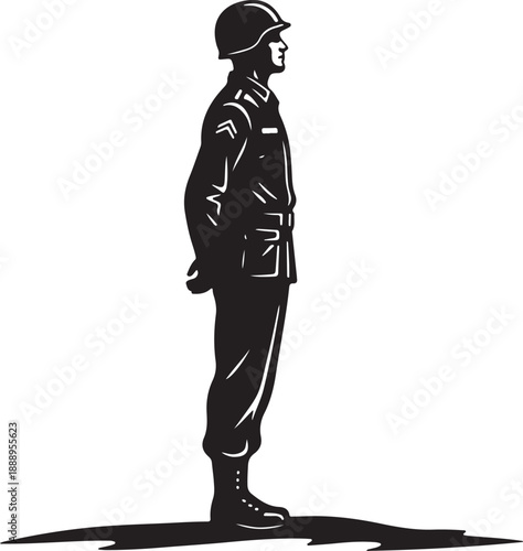 Silhouette Illustration of Soldier in Military Uniform Standing Profile Side View