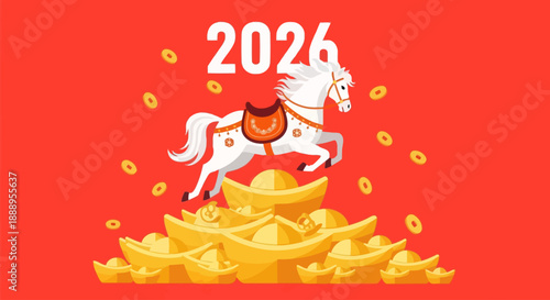 Illustration of a white horse jumping over gold ingots and coins celebrating 2026 on a red background from a straightforward viewpoint