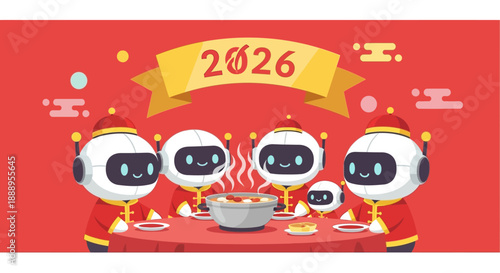 Robots Celebrating Lunar New Year with Traditional Food and Festive Decorations