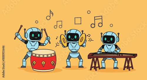 Robots playing musical instruments together in a lively band performance scene