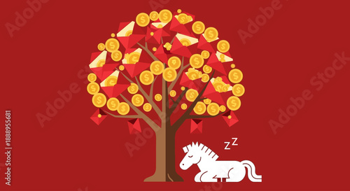 A serene illustration of a unicorn sleeping under a money tree with golden coins and red envelopes, symbolizing prosperity and good fortune.