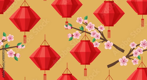 Red lanterns and blossoming branches pattern, a cultural symbol of celebration and prosperity, viewed from directly above