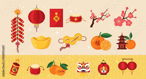Vibrant cultural symbols and festive elements arranged in a traditional celebration display with lanterns, fruits, and masks