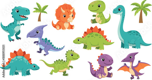 Cute Cartoon Dinosaur Vector Set with Colorful Prehistoric Characters and Palm Trees for Kids Education Learning Games and Nursery Design Projects
