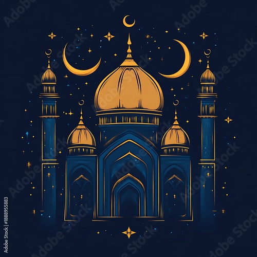 Nighttime view of a majestic mosque with golden accents under a crescent moon and stars