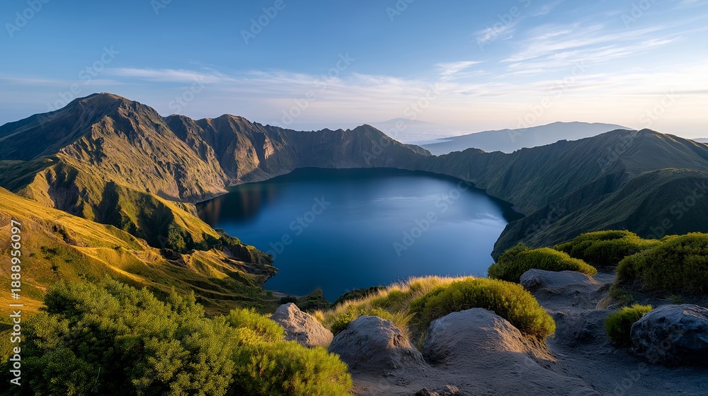 Fototapeta premium A panoramic view revealing the depth of a volcanic crater lake within a volcanic caldera highlights the geological significance of these natural wonders and attracts adventurers seeking scenic