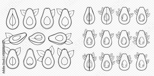 Avocado Outline Icons Set: Healthy Fruit Vector Illustrations with Leaves and Seeds.