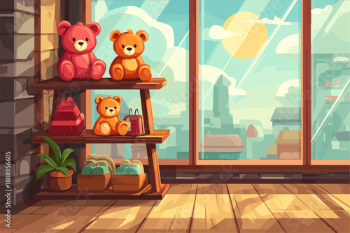 Cozy Sunny Interior with Adorable Stuffed Bears on a Wooden Shelf