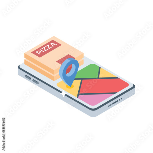 A visually appealing isometric icon of online food ordering app