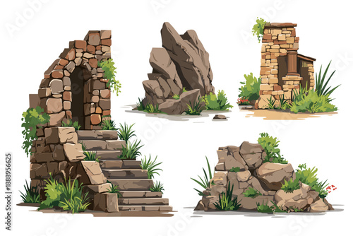 Set of Hand-Drawn Ruins and Rocks with Vegetation for Illustrations