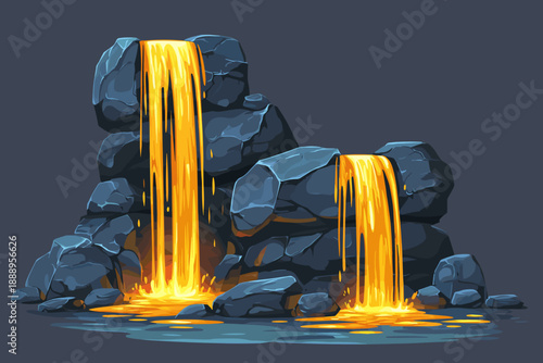 Stylized Vector Illustration of Flowing Lava Waterfalls Amidst Rocky Terrain