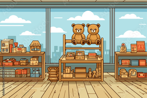 Cozy Toy Store Interior with Shelves and Plush Bears
