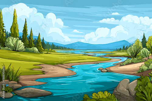 Idyllic River Landscape with Lush Greenery and Blue Sky