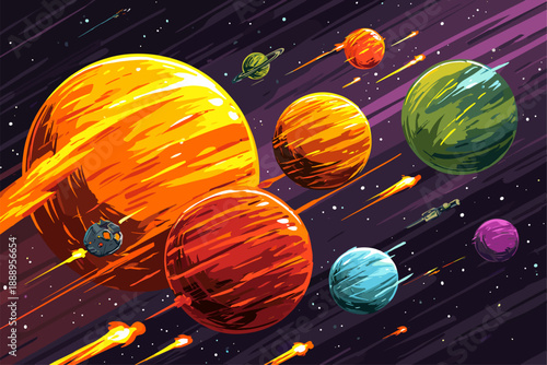 Colorful Space Graphic with Planets and Shooting Stars in a Vibrant Cosmic Scene