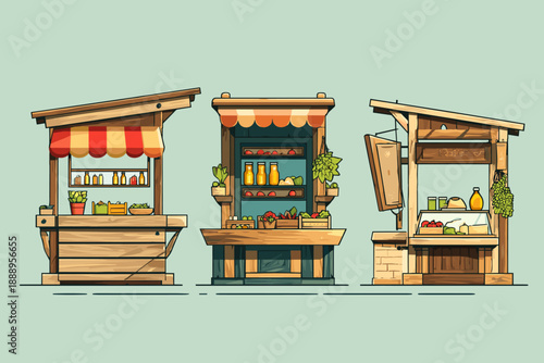 Charming Vector Market Stalls for Fresh Produce and Goods