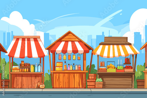Colorful Market Stalls with Fresh Produce and Drinks in a Vibrant Cityscape