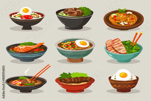 Delicious Variety of Asian Dishes Featuring Noodles, Rice, and Fresh Ingredients