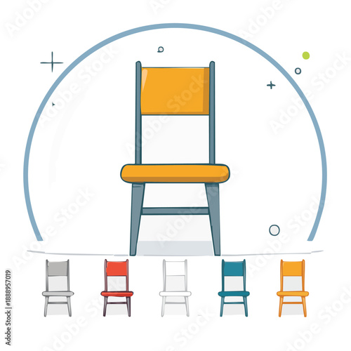 A large yellow chair stands out among smaller chairs in a minimalist setting