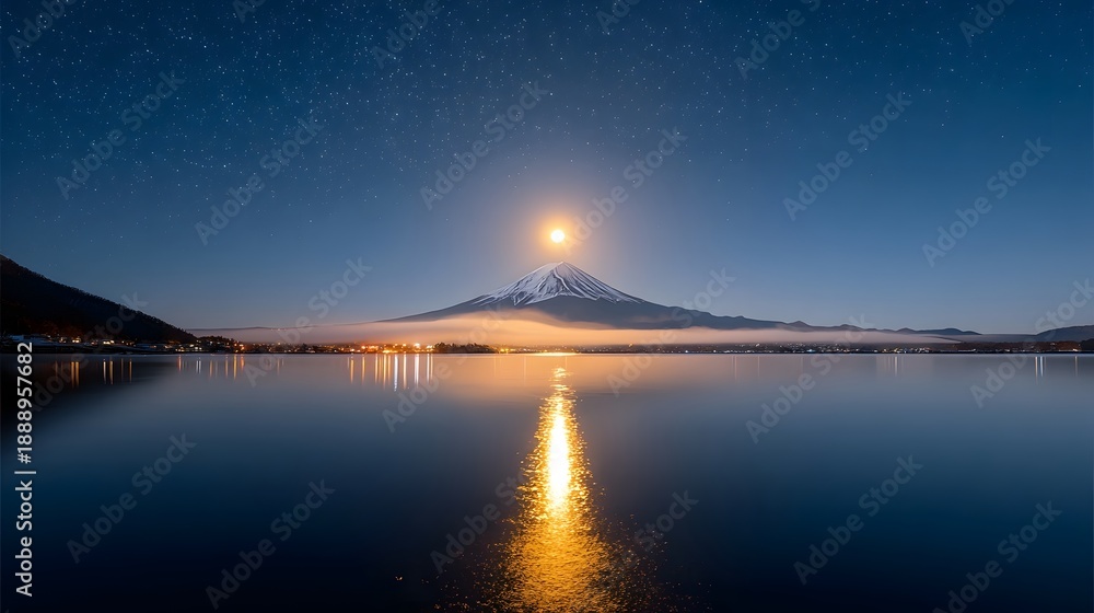 Fototapeta premium Breathtaking nocturnal scene featuring a snow covered mountain peak illuminated by a celestial light with a perfect reflection mirrored in the still lake waters under a sky filled with stars