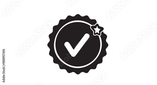 Gear shaped verification icon with checkmark and star symbol
