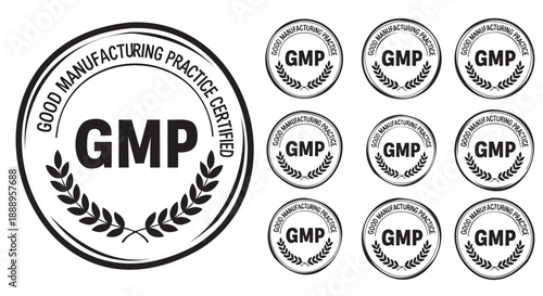 Good Manufacturing Practice certification seal with laurel wreath design
