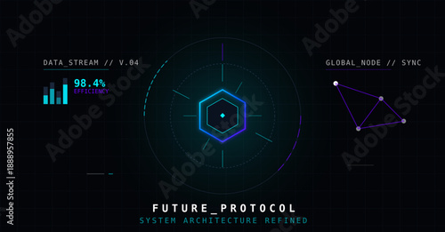 Futuristic HUD digital interface with data visualization, hexagonal core elements, and high-tech analytics dashboard in a dark blue and neon aesthetic.