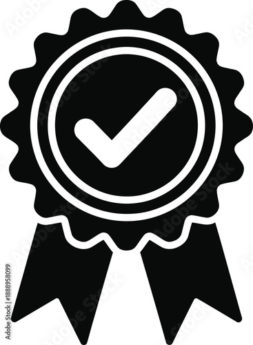 A black and white icon of a rosette award ribbon with a checkmark