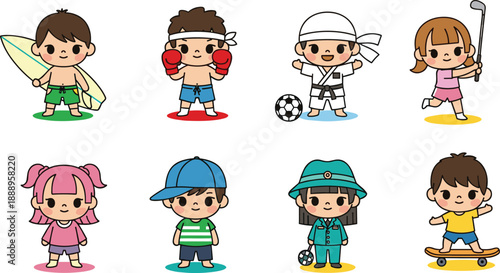 Cartoon children activity vector illustration, sports and hobbies design, playful character artwork, colorful educational template for kids and games