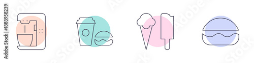 Minimal line icon set with coffee machine, takeaway drink, burger, ice cream and dessert. Concept of fast food, street food and sweet snacks. Clean modern illustration for web, UI and stock usage.