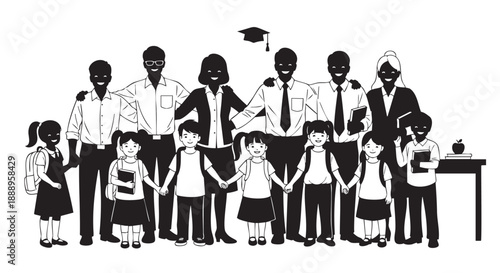 Group of diverse students and teachers standing together in celebration