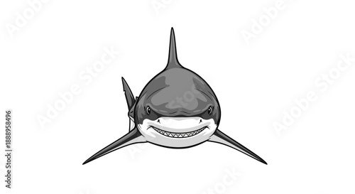 A menacing shark with sharp teeth and a wide grin stares directly at the viewer.