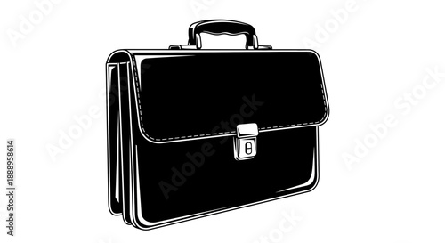 Classic Black Leather Briefcase with Silver Hardware and Top Handle.