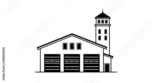 Fire Station Building Illustration with Tower and Garage Doors.