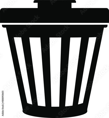 A black and white image of a trash can with a lid on top