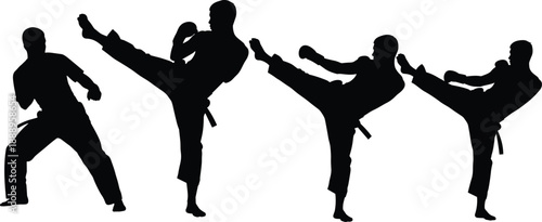 Black and White Silhouette Collection of Male Athletes Performing Martial Arts Karate High Kicks and Self Defense Poses for Combat Sports Training and Fitness Vector