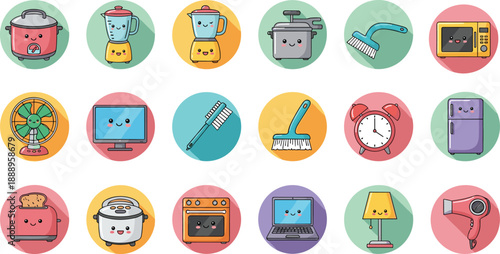 Household items vector illustration, cute cartoon appliance icons, colorful anthropomorphic design, playful home tools artwork, educational and decorative template
